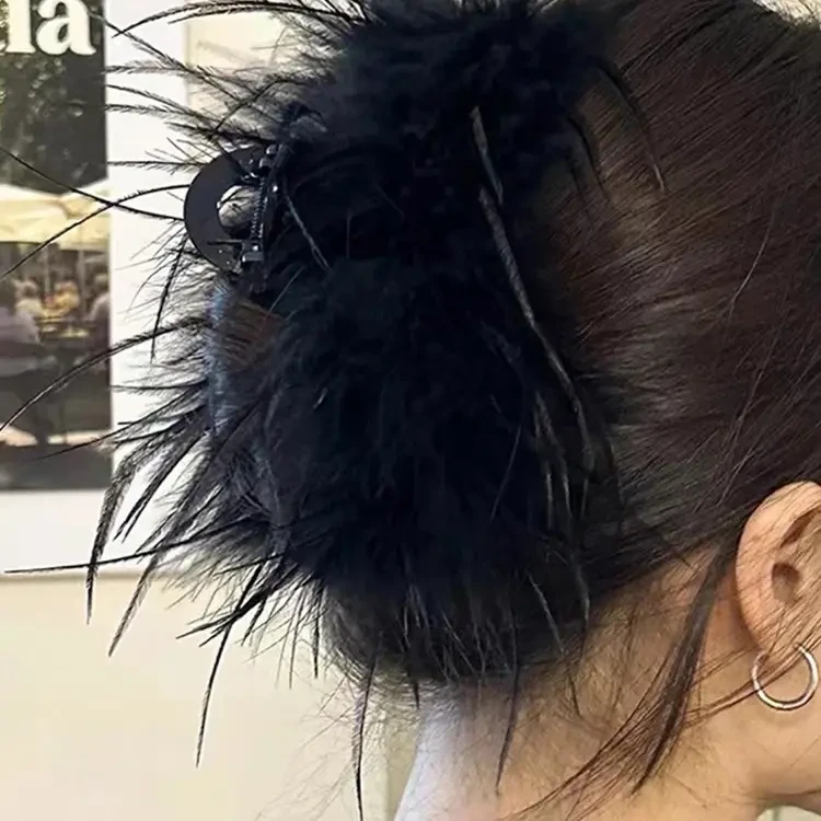 网红爆款鸵鸟毛羽毛抓夹ins纯欲风超仙飘逸简约气质毛毛鲨鱼夹