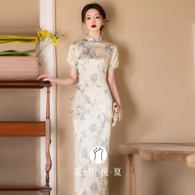 2/2【青花瓷】蓝色提花丝缎旗袍新中式改良高级感绝美气质长款