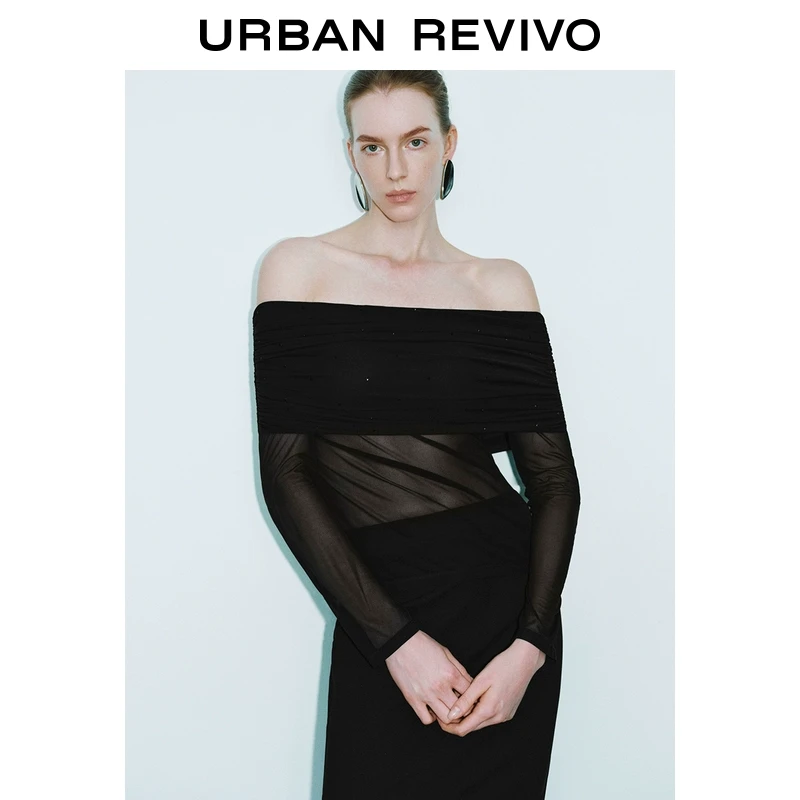 UR2025秋季新款女装魅力氛围感微透一字露肩长袖T恤UWG450012