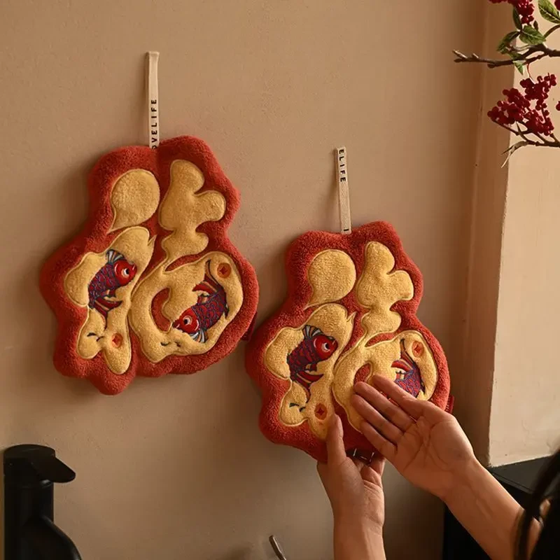 新年福字擦手巾挂式厨房卫生间超强吸水加厚速干珊瑚绒春节擦手布