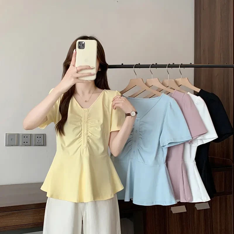 2025夏款胖mm大码女韩系时尚网红洋气v领拼接荷叶花边别致短袖T恤