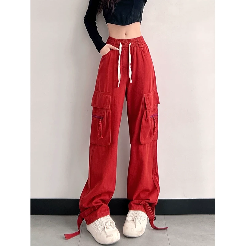 【8332】清货 红色工装裤女美式复古高腰显瘦直筒宽松加长版高个子