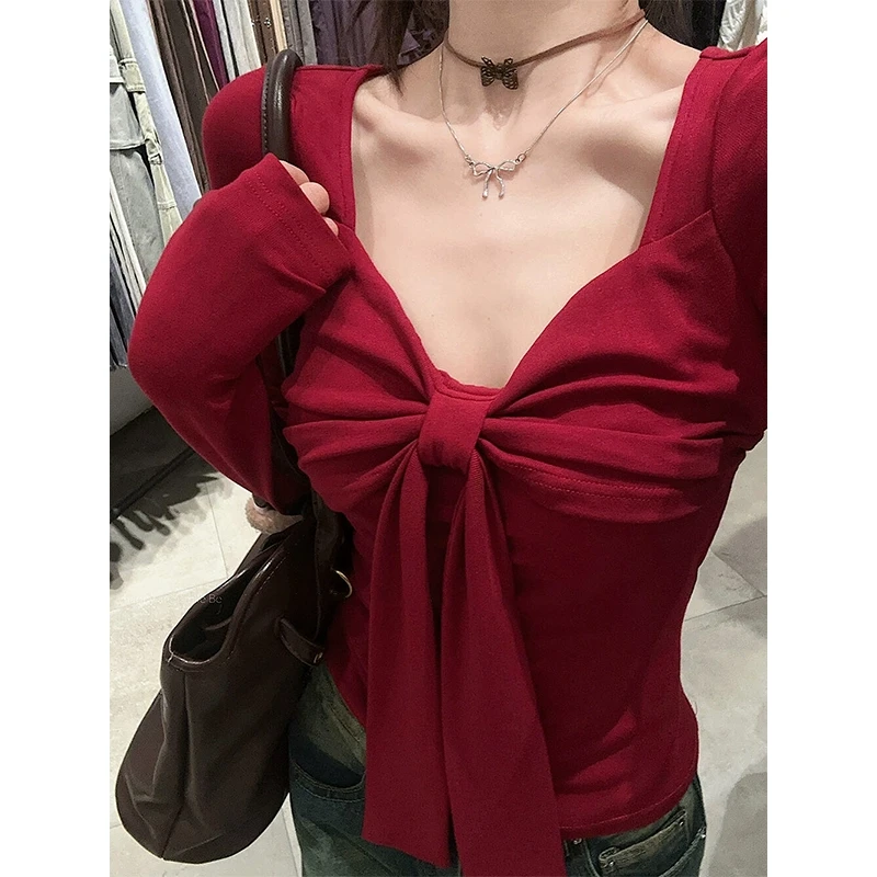 纯欲辣妹红色短款上衣女秋季新款内搭打底衫修身蝴蝶结V领长袖T恤