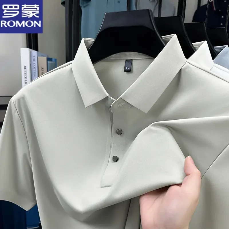 罗蒙夏季新款男士短袖T恤中年休闲宽松冰丝无痕翻领半袖POLO衫男