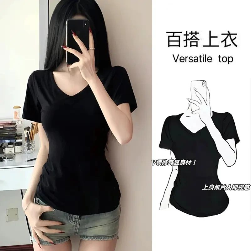 2025春夏黑色时尚收腰新款v领短袖T恤纯欲辣妹修身显瘦大码女上衣
