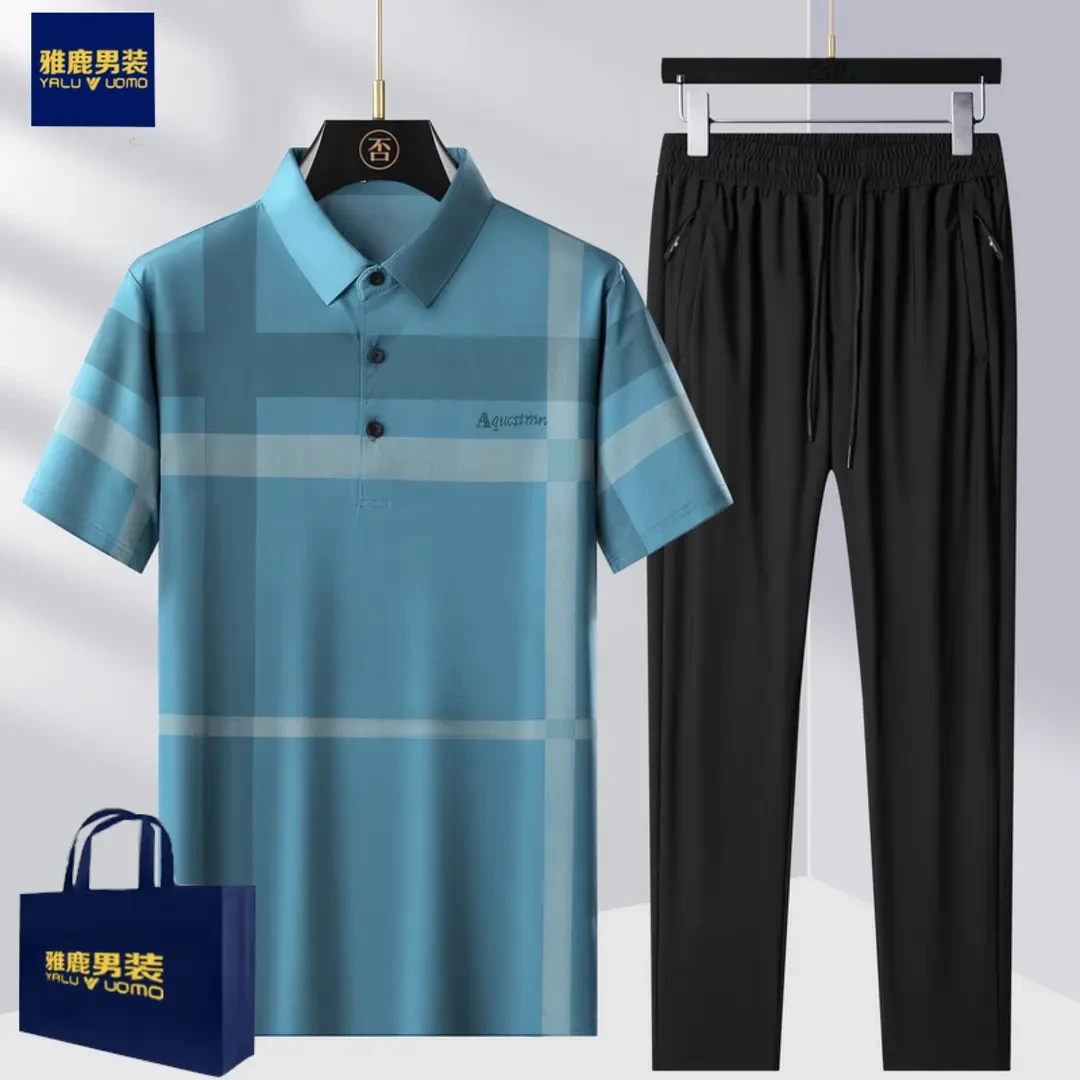 雅鹿男装爸爸夏季套装防晒POLO衫免烫冰丝中老年短袖T恤两件套男