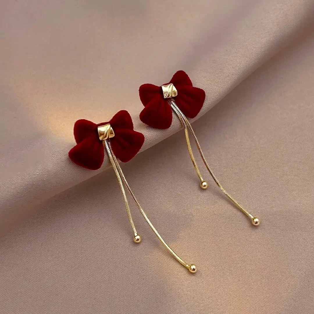 合金耳饰 红色植绒蝴蝶流苏时尚耳环轻奢高级感秋冬气质新年耳钉