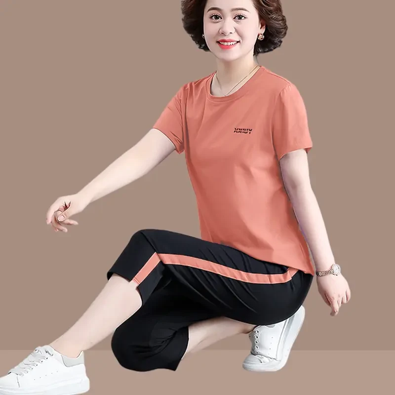 运动套装女夏季时尚宽松冰丝薄款短袖名牌休闲服七分裤跑步两件套