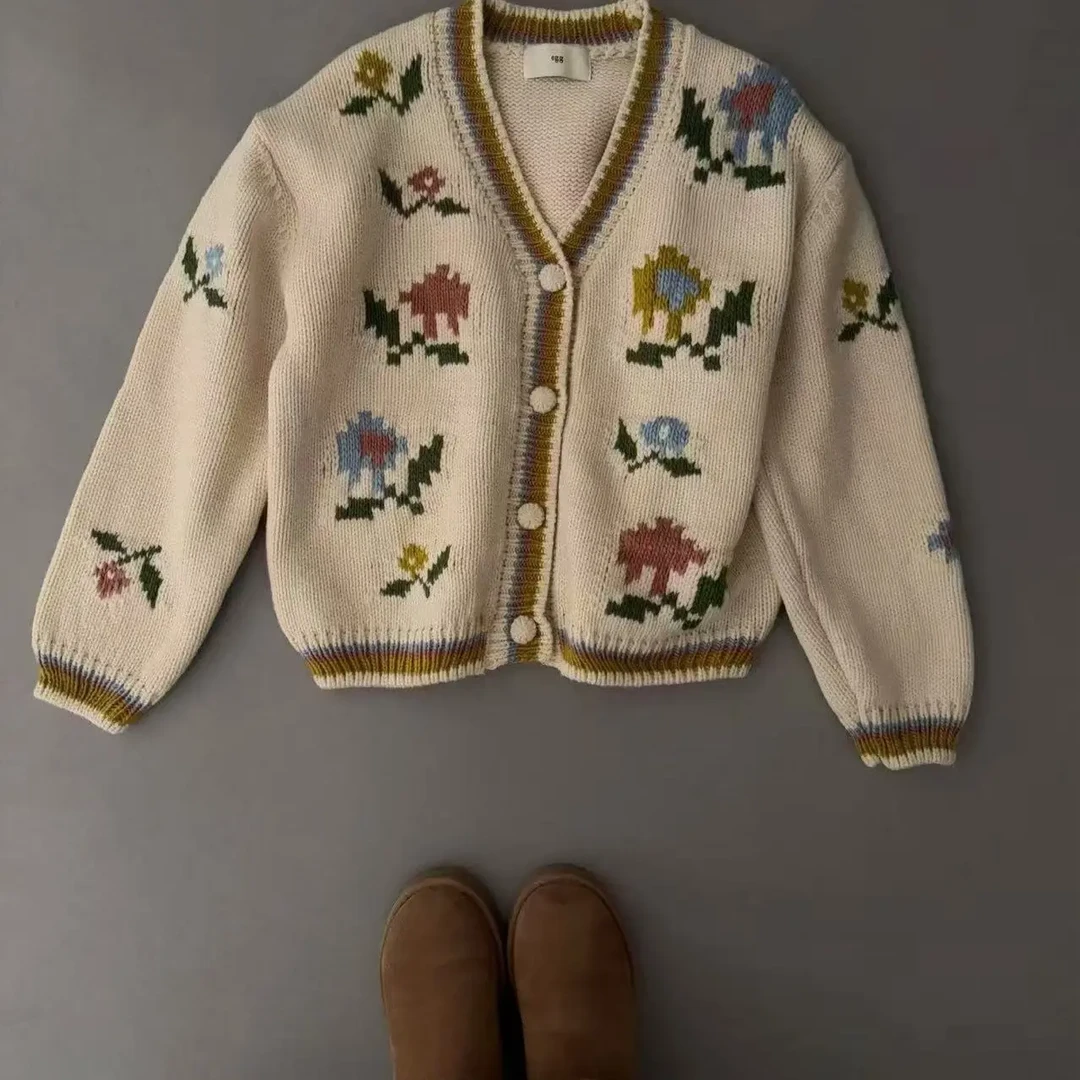 新款花朵提花针织开衫女秋冬加厚韩系毛衣外套～卓彩