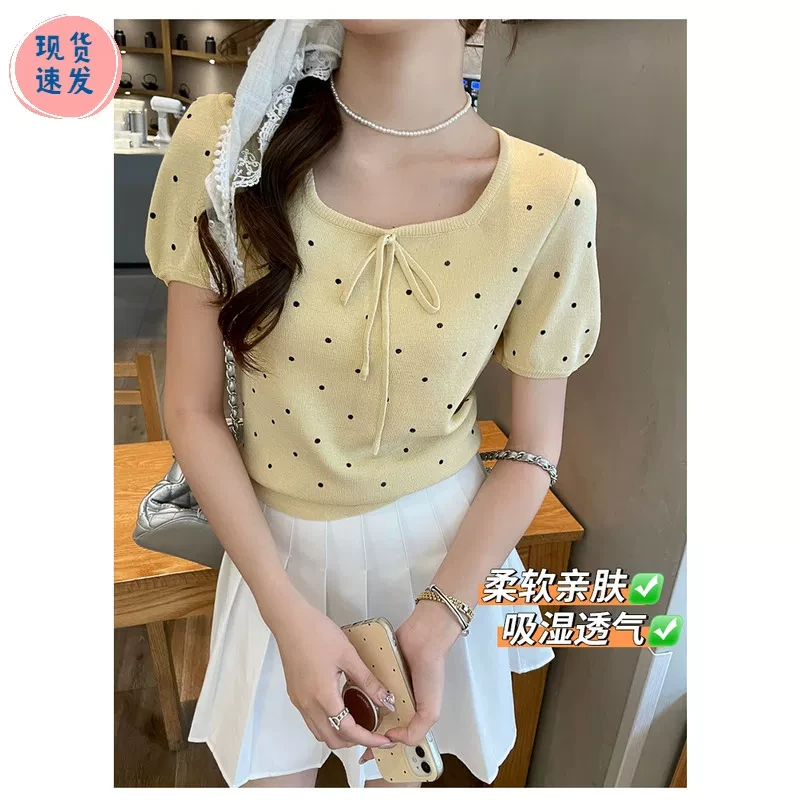 法式2025夏季新款设计感冰丝针织波点泡泡短袖T恤女短款甜美上衣