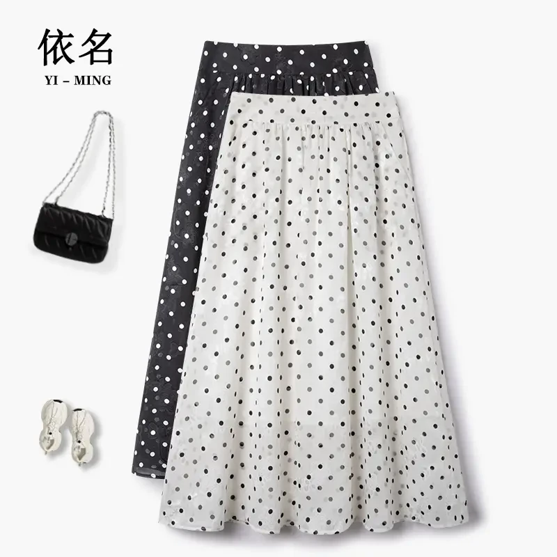 波点网纱半身裙女2025新款夏季薄款松紧高腰中长款雪纺A字裙伞裙
