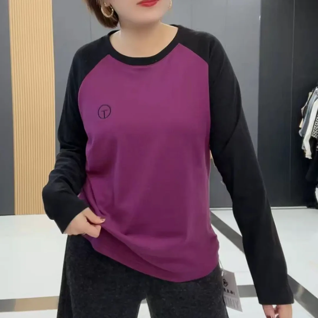 旭8028秋冬新款内搭保暖长袖打底衫双面德绒拼接撞色