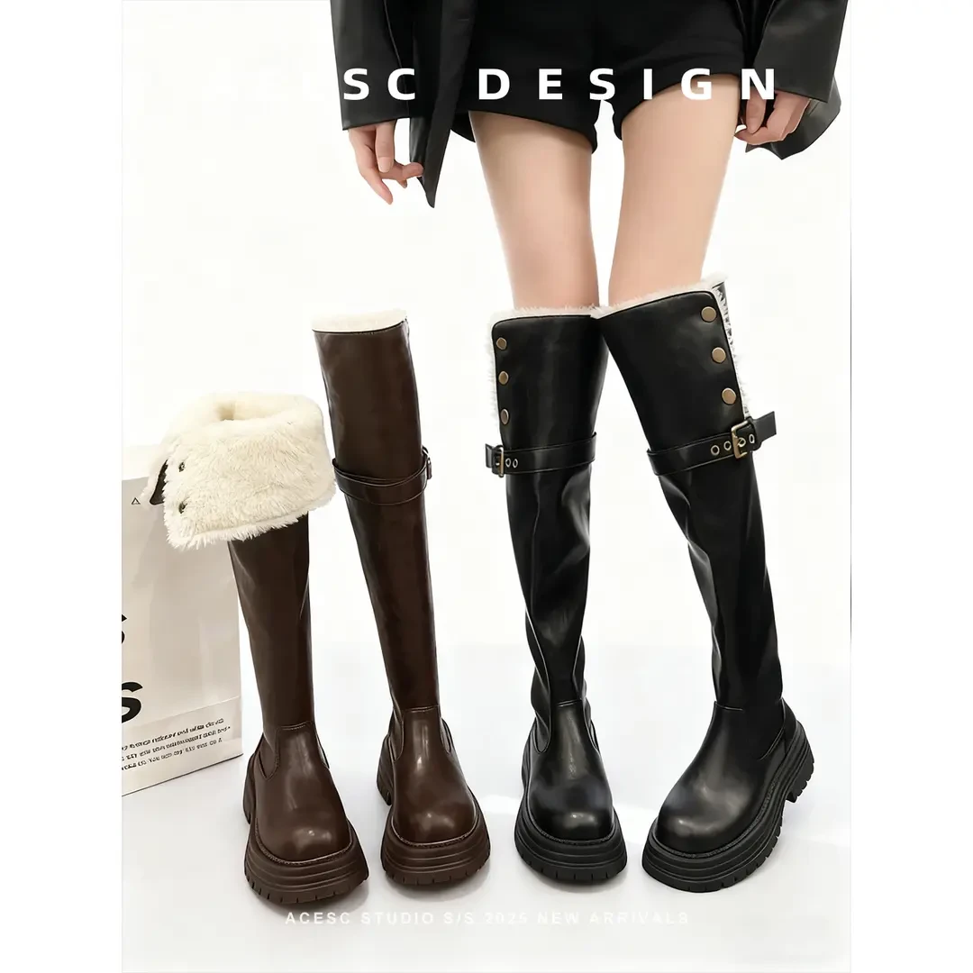 翻折两穿过膝高筒骑士靴女2025秋冬新款粗跟长筒瘦瘦靴A25391596