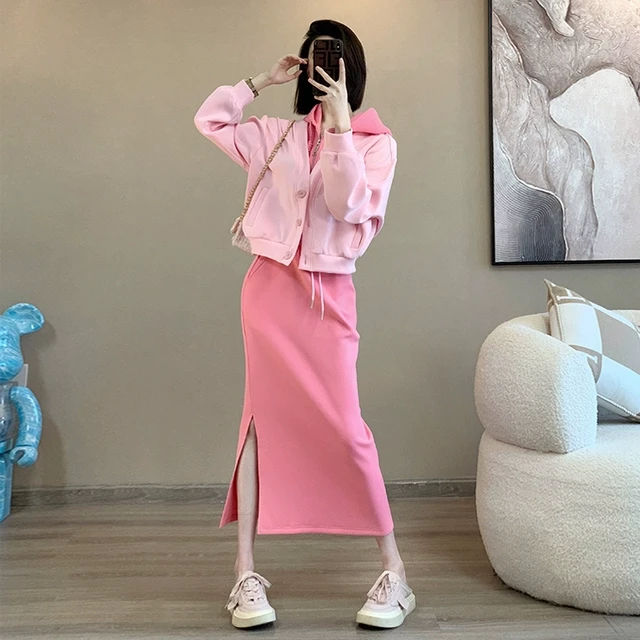休闲套装女春秋2025新款粉色显瘦卫衣高腰半身裙时尚小个子两件套