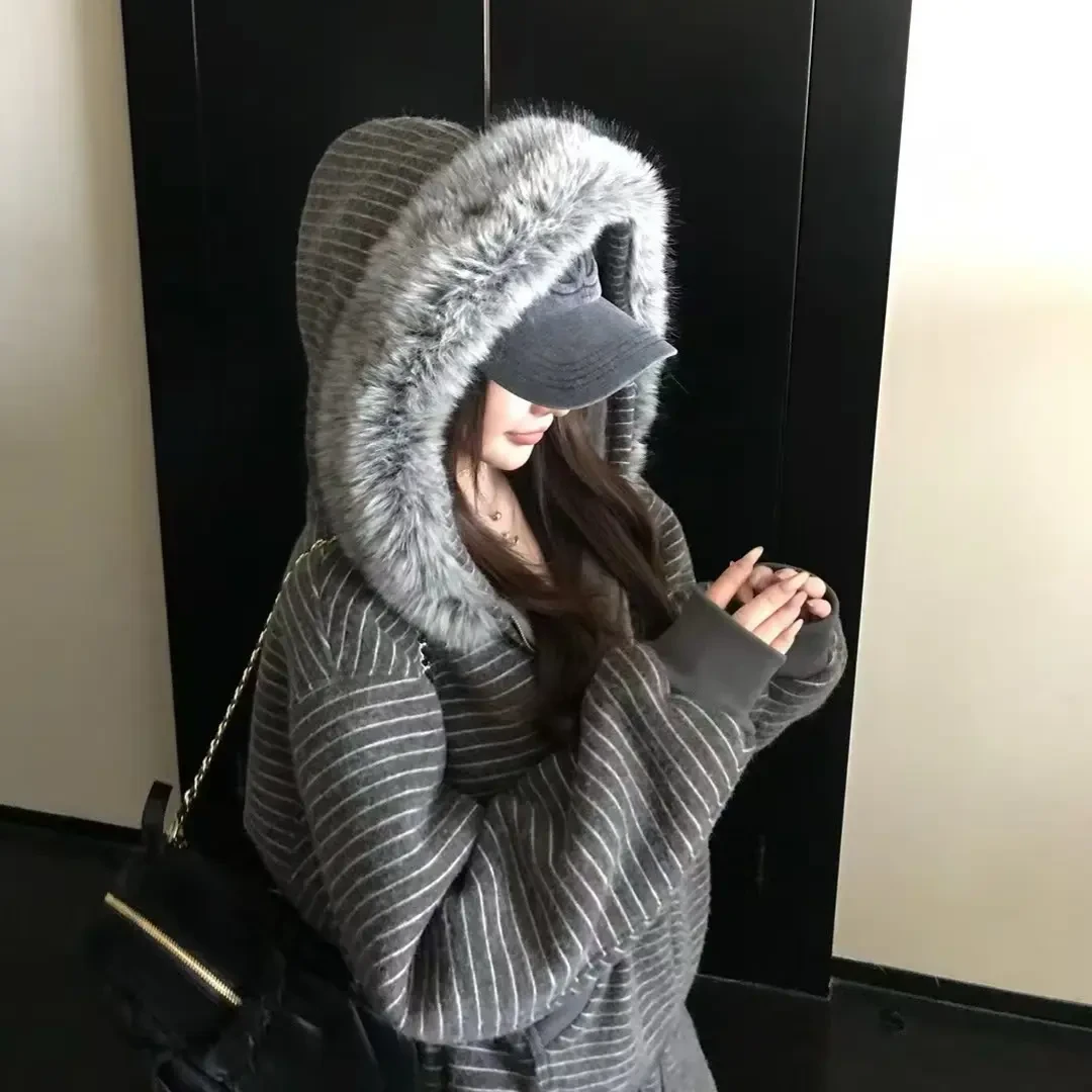 秋冬新款美式风格条纹兔耳毛领连帽开衫卫衣外套情侣款