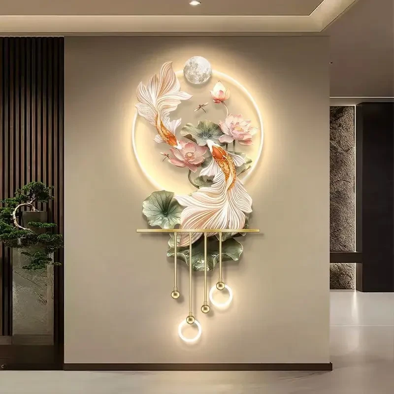 锦鲤高档发光灯画现代轻奢玄关装饰画入户正对门高端走廊过道挂画