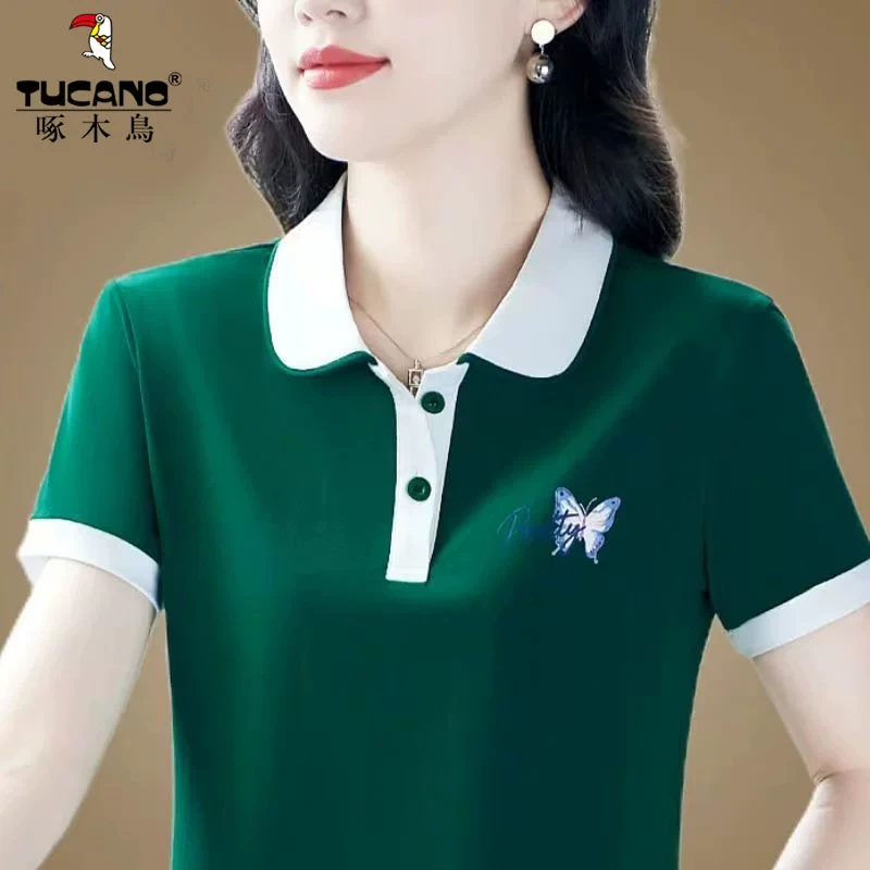 啄木鸟~2025新款POLO衫短袖T恤女夏季中年妈妈装洋气减龄翻领上衣