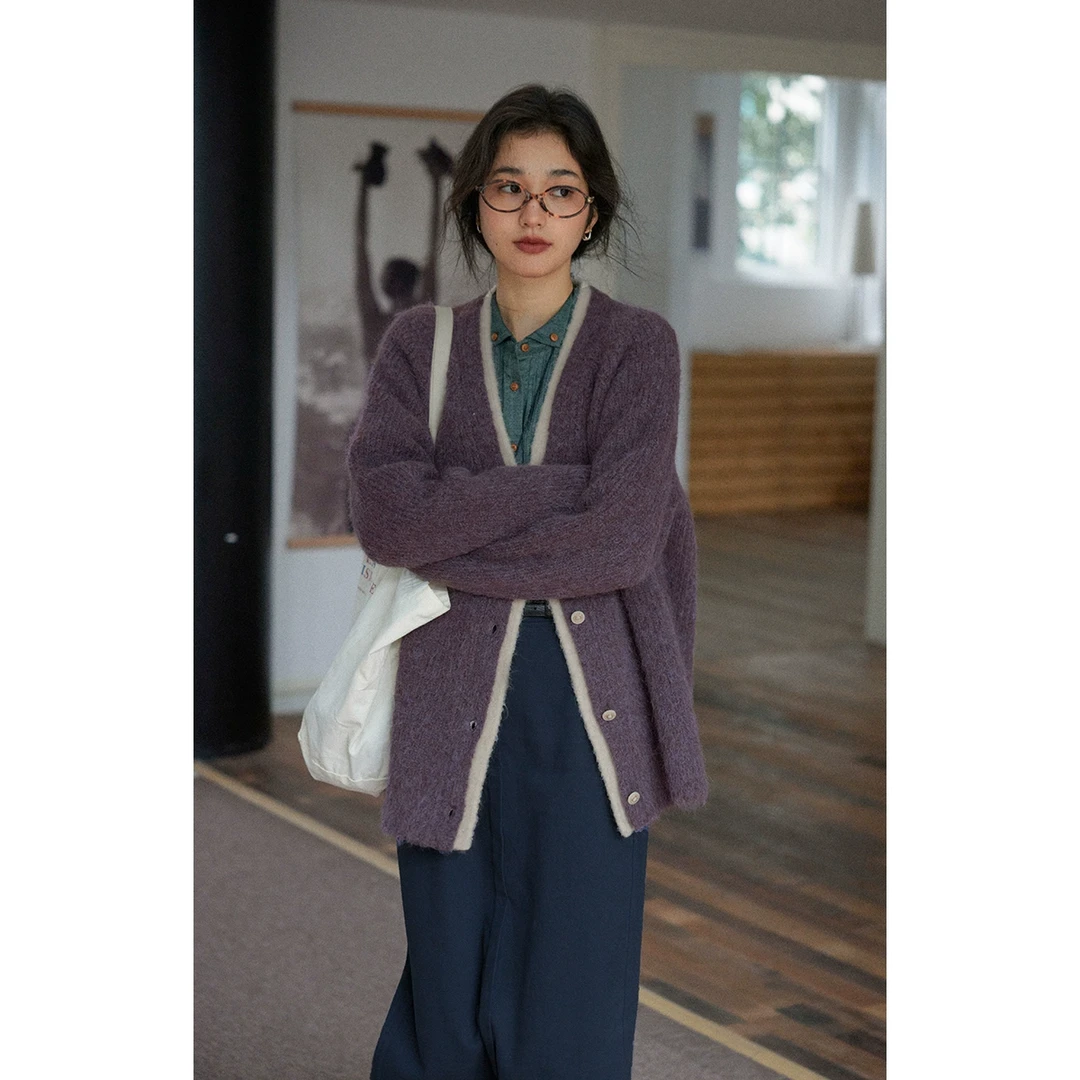 solighter羊驼毛紫色v领假两件开衫毛衣女5H1225M11X2