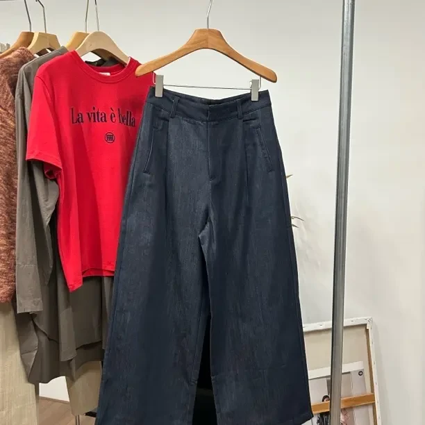 秋冬款松紧腰抽绳慵懒感百搭宽松水洗棉直筒阔腿休闲长