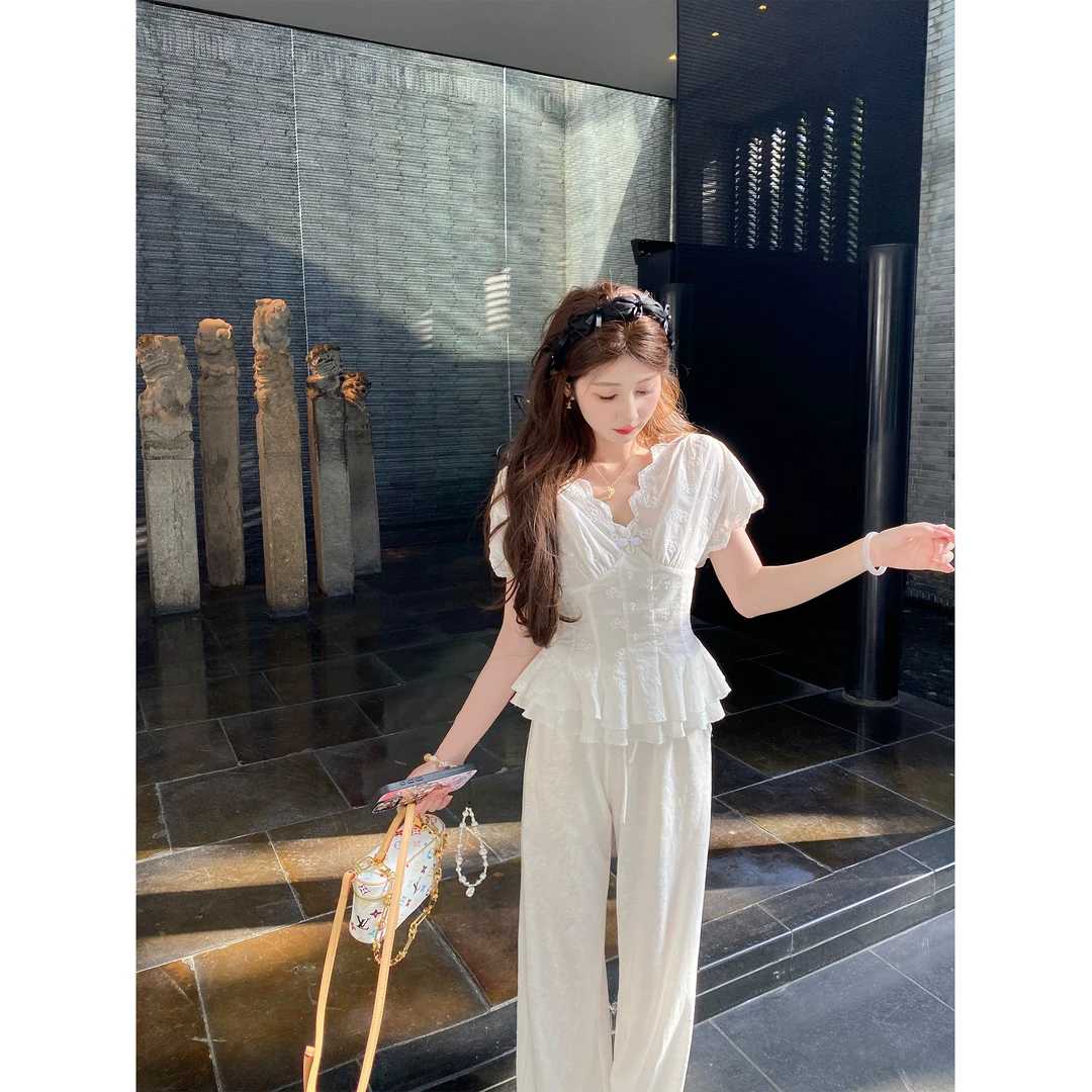 GA盈瓷 国风连衣裙女夏季小白花刺绣短袖衬衫 25SS0703