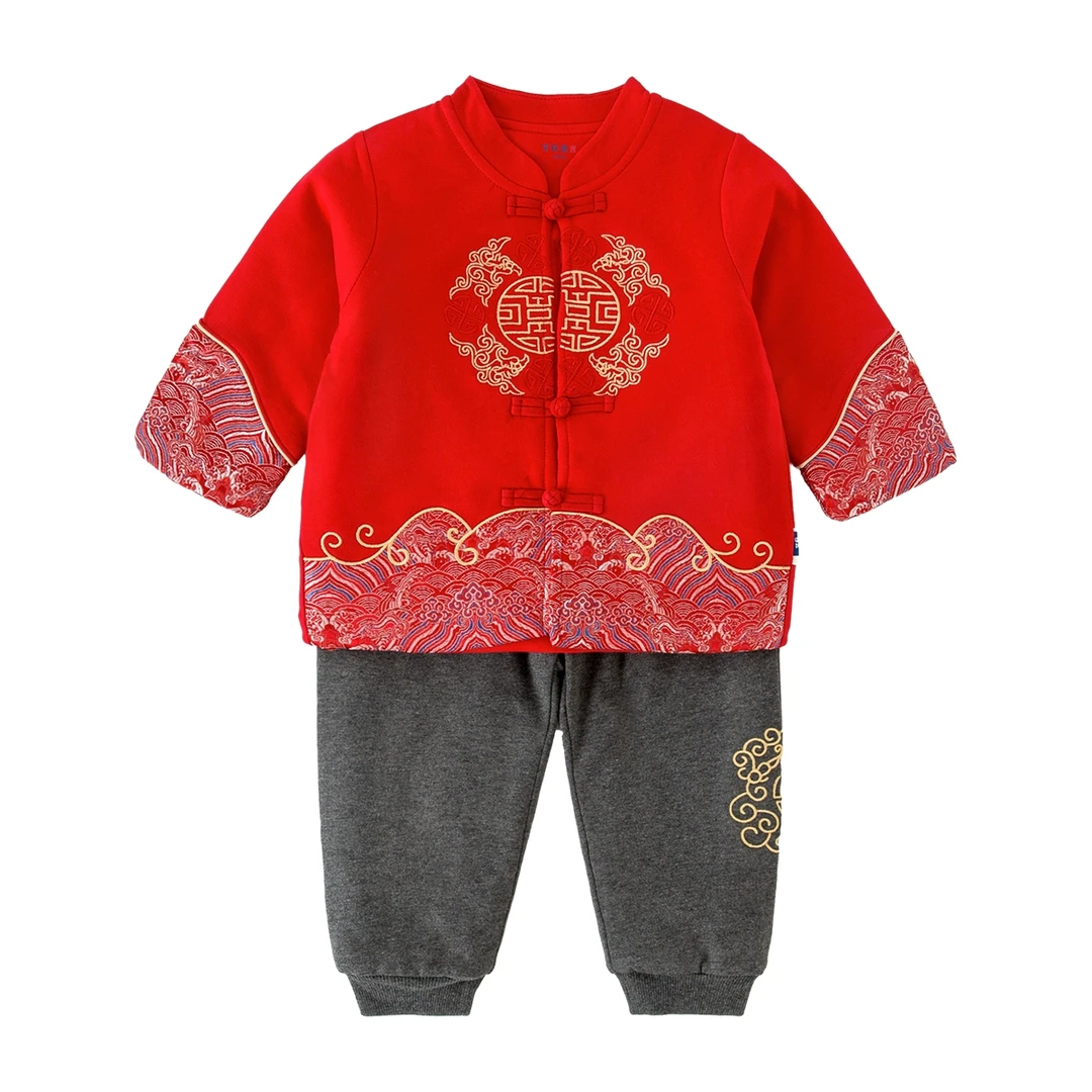 儿童唐装两件套拜年服红色薄棉衣套装男童周岁礼服过年服A114425