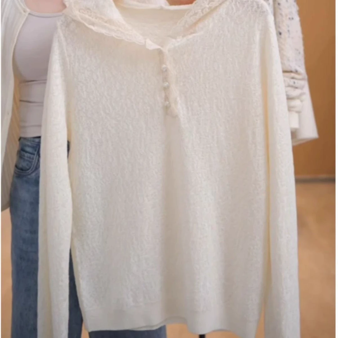 法式气质蕾丝连帽长袖针织衫女春秋氛围感外搭休闲宽松显瘦上衣潮