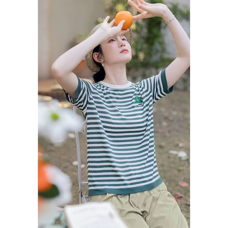 红念条纹天丝T恤女短袖宽松设计感夏季2025新款女装气质休闲上衣