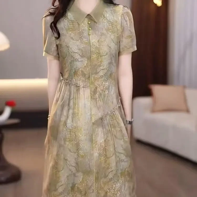 夏季透气连衣裙妈妈装POLO领短袖A字裙子休闲长裙海边度假裙