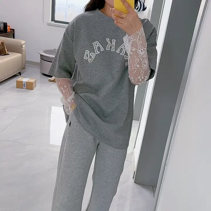 欧货刺绣拼接蕾丝假两件宽松T恤时尚百搭上衣