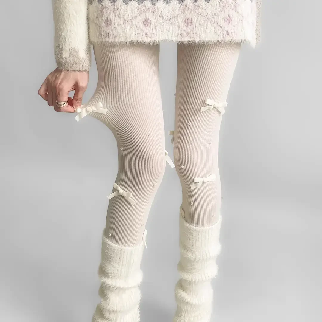蝴蝶结丝袜芭蕾风白色连裤袜秋冬lolita白丝打底连裤袜可爱日系袜
