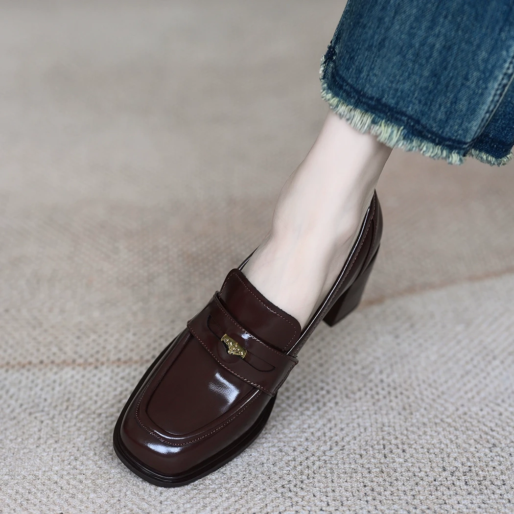 高跟棕色单鞋女2025春新款软羊皮方头深口一脚蹬休闲乐福鞋