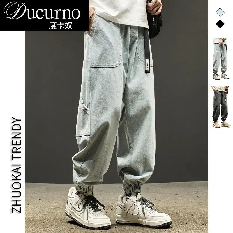 男士新款痞帅潮男裤子美式牛仔裤男款夏季宽松黑色水洗复古休闲束