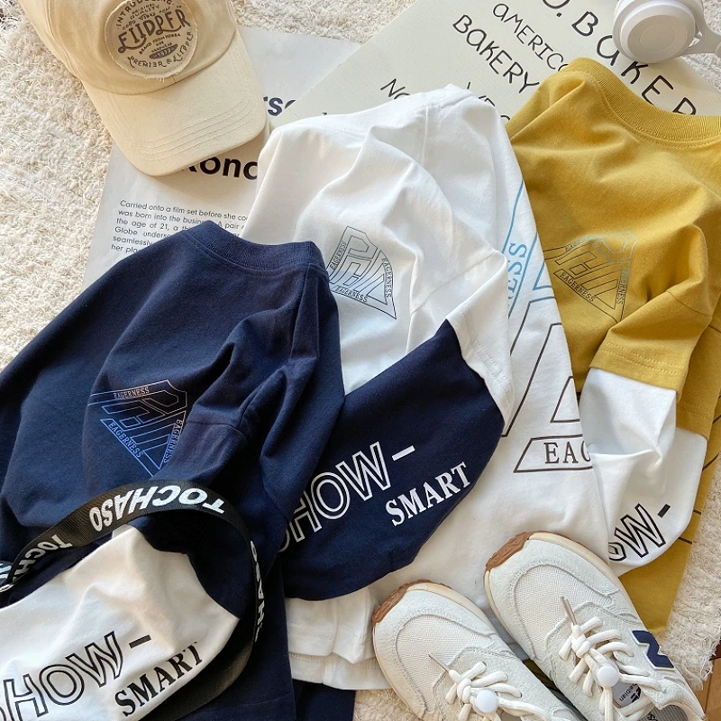 男童长袖2025新款儿童拼接袖长袖T男孩假两件休闲百搭上衣