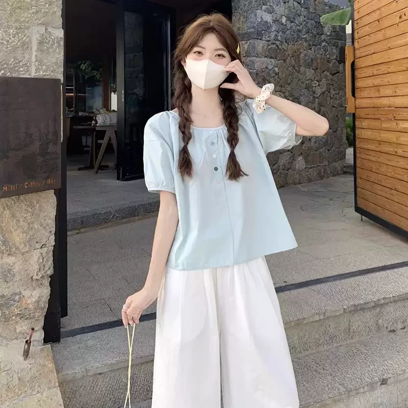 蓝色雪纺短袖衬衫女装夏季法式泡泡袖高级感独特漂亮别致绝美上衣