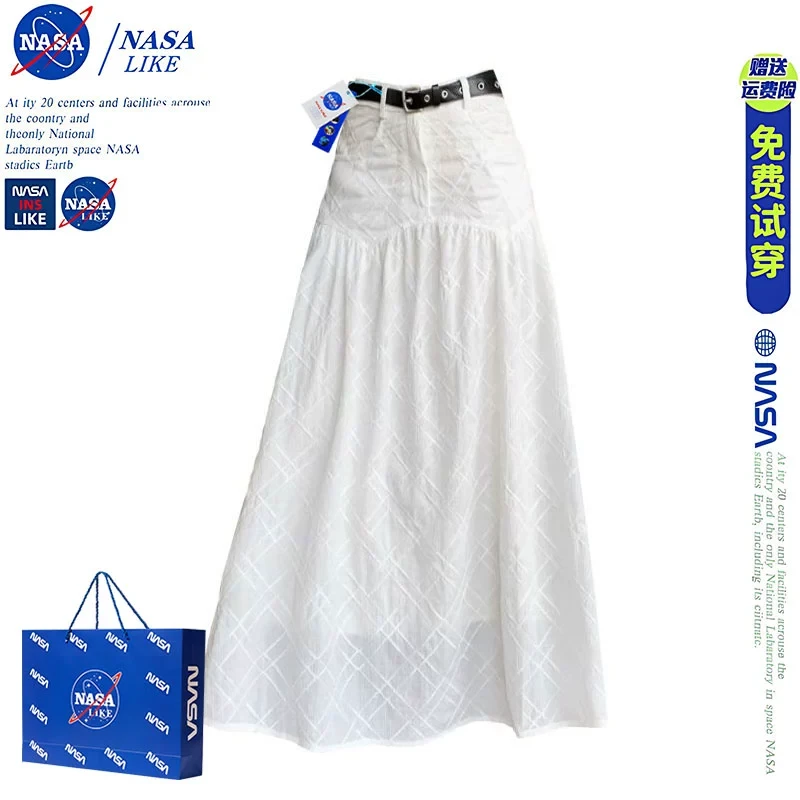 NASA立体格纹剪花白色a字半身裙子女2025夏季法式肌理感长款半裙