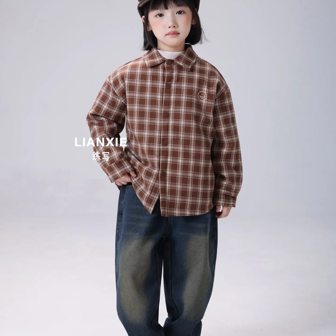 童装男女童冬季格子夹棉加厚长袖翻领衬衫韩版外套潮流