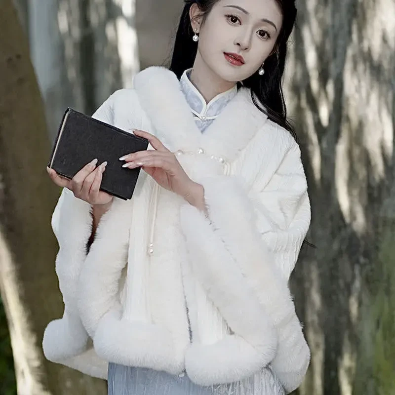 【人间富贵花】加绒加厚旗袍披肩斗篷民国风高品质冬季毛领外搭短款