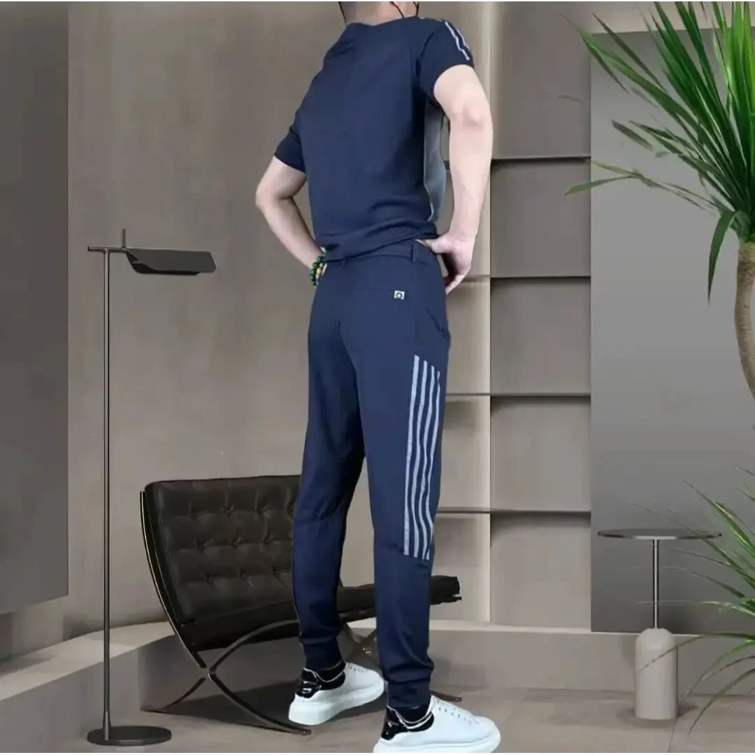 时尚潮流夏季高弹冰丝空调套装男士休闲套装舒适透气户外运动套装