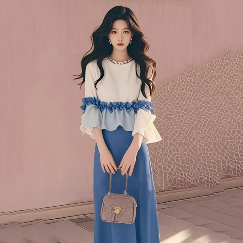 4393+4394小香风套装爆款春季减龄荷叶边上衣蓝色半身裙两件套