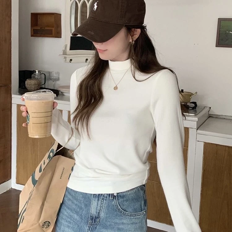 小立领打底衫女基础款长袖t恤秋冬新款修身显瘦内搭正肩纯色上衣