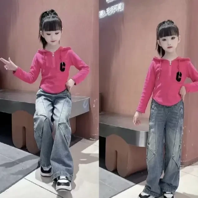 D女童韩版字母连帽卫衣套装秋季新款洋气中大童不规则牛仔裤两件