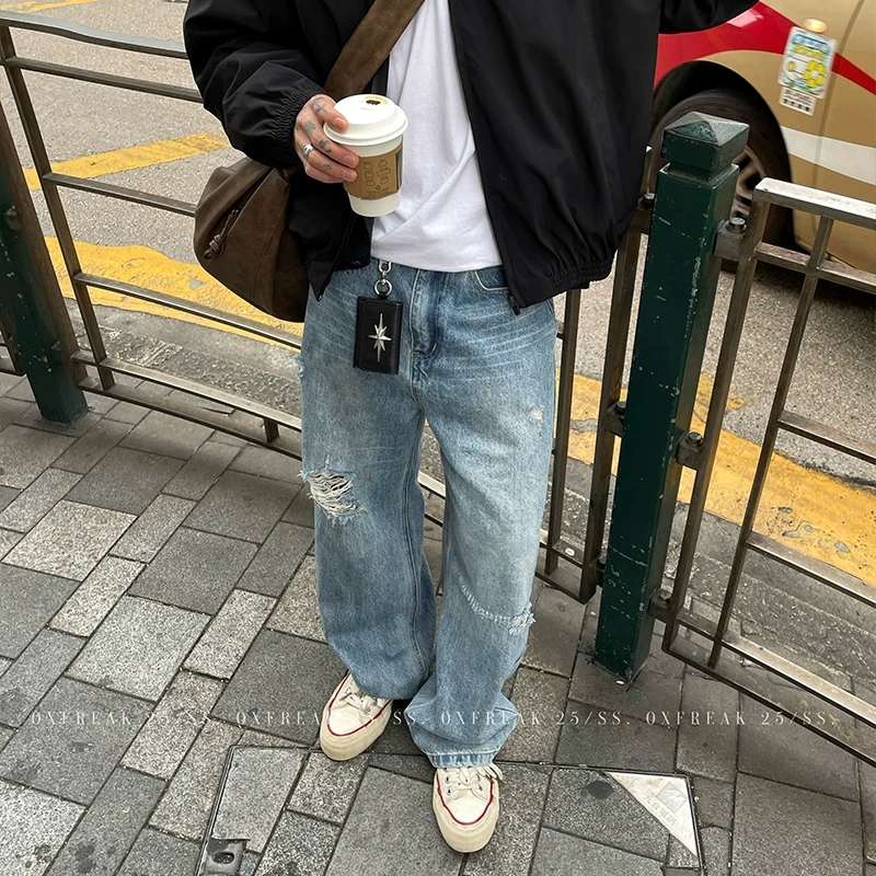 OXFREAK 「vintage冰蓝 破洞做旧」水洗猫须牛仔裤男直筒宽松裤子