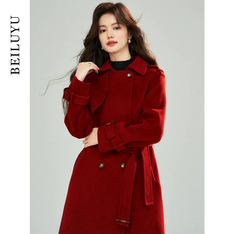 红色双面羊绒大衣女2024年秋冬新款韩系高级感结婚羊毛呢子外套