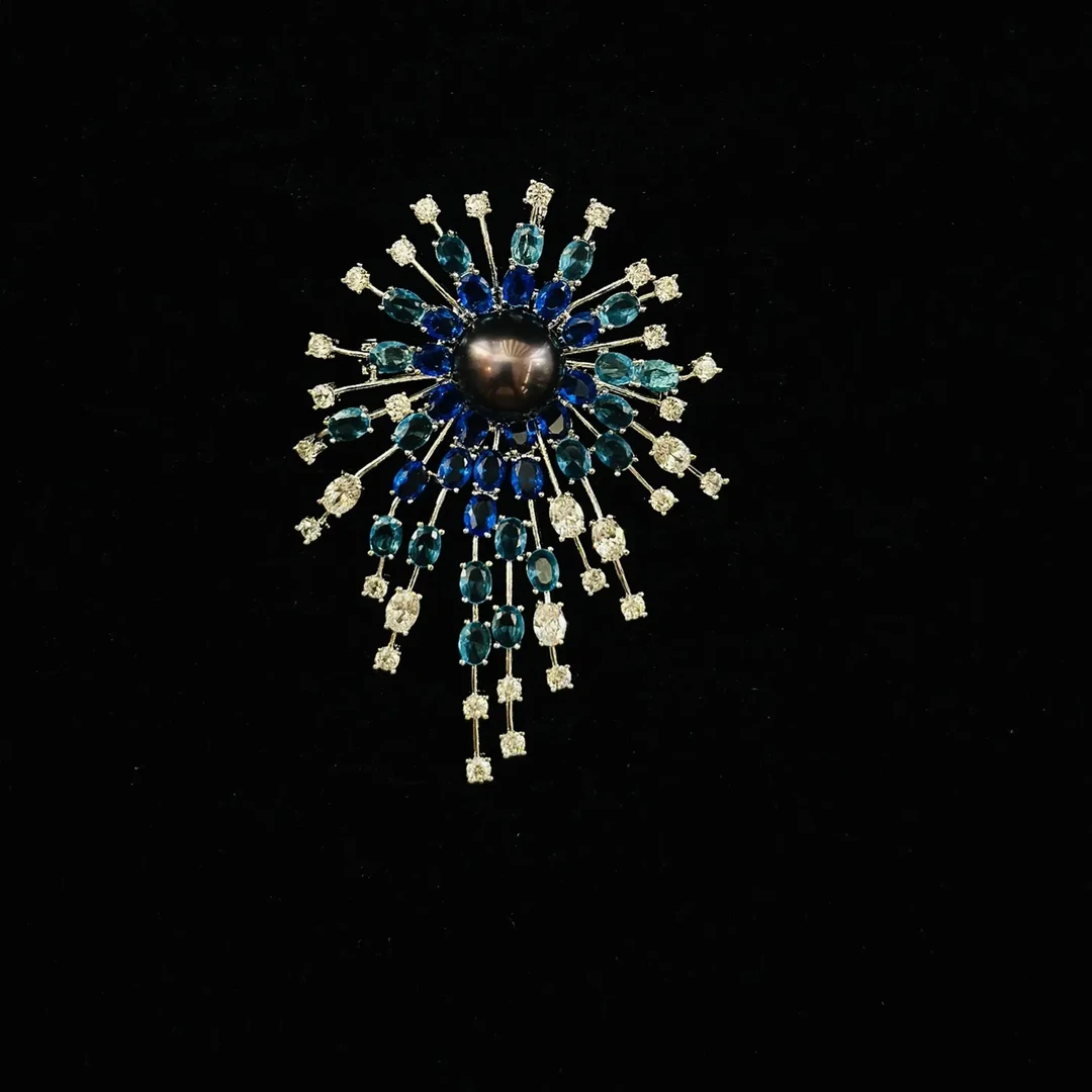 铜合金锆石胸针 蓝色璀璨烟花绅士风度晚宴胸针淡水