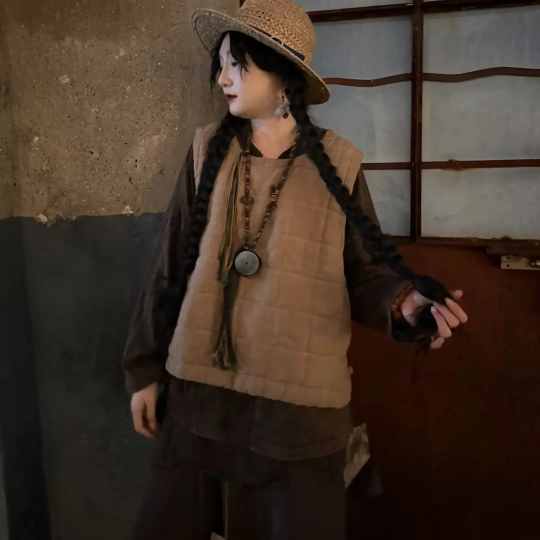 冬季新款亚麻重工炒色方格压线盘扣夹棉马甲衣长58胸围134