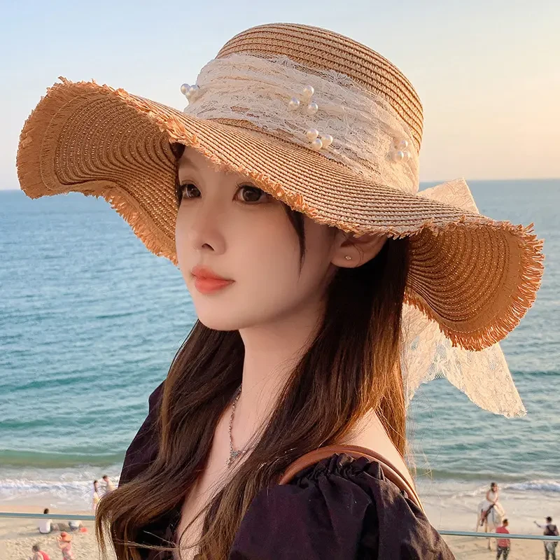 新款甜美大蝴蝶结遮阳草帽女时尚气质大帽檐太阳帽户外沙滩防晒帽