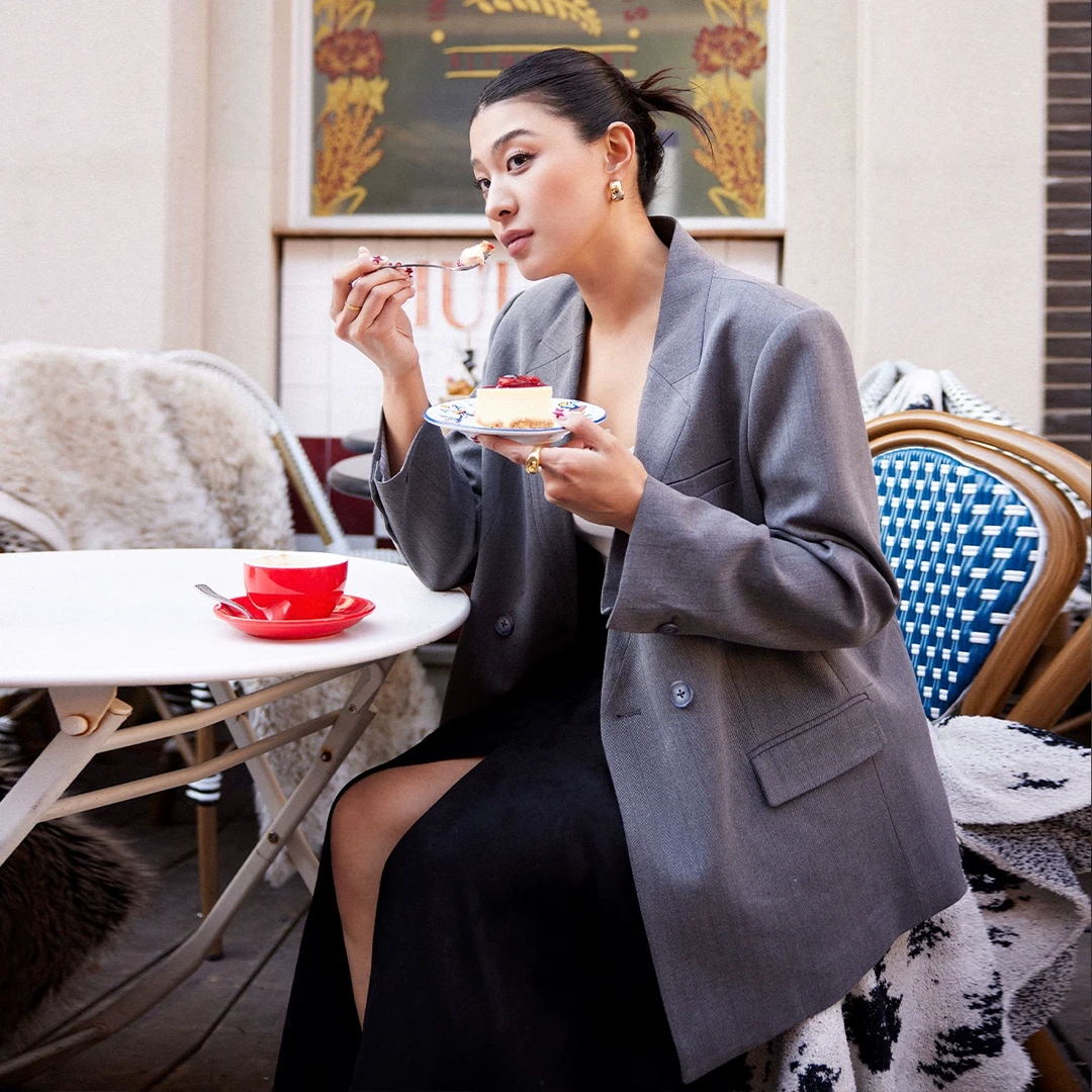 PLUSMALL 剑桥学姐 莱赛尔羊毛混纺色织条纹无领时髦通勤西装外套