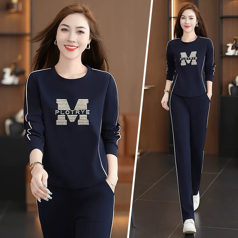 圆领运动服套装女春秋套头卫衣2025新款休闲显瘦大码跑步服两件套