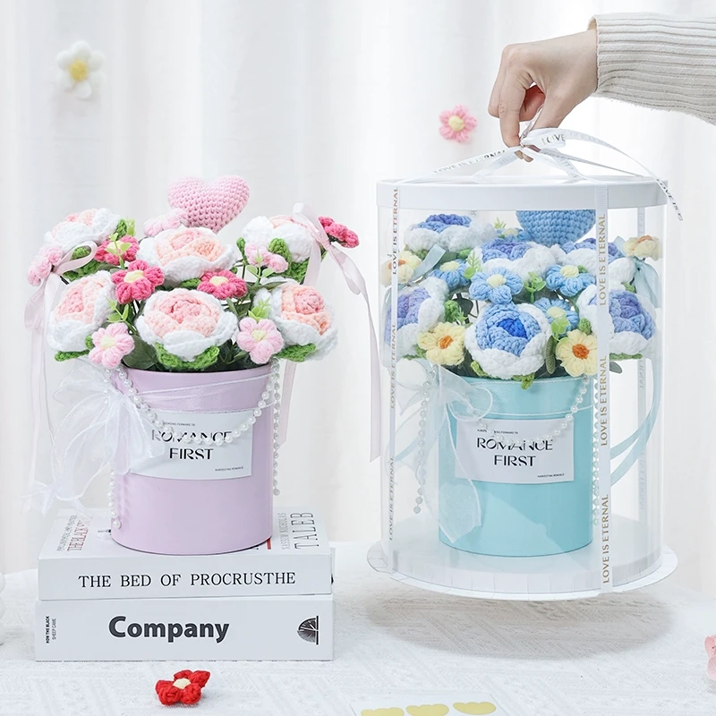 创意情人节礼物针织玫瑰毛线花束手提礼盒成品生日送女友闺蜜老婆