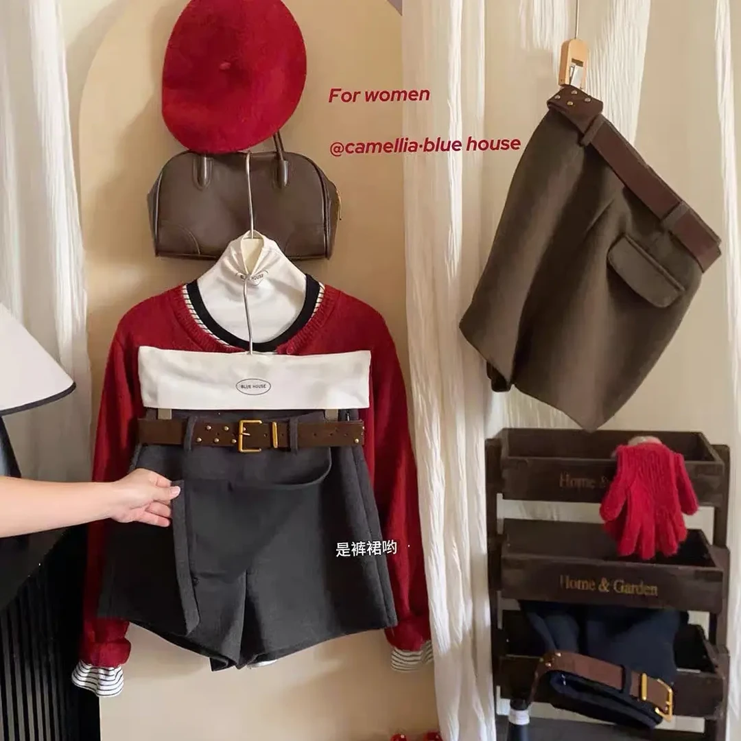 秋冬新款韩版气质毛呢假两件裙裤女高腰显瘦宽松阔腿休闲靴短裤